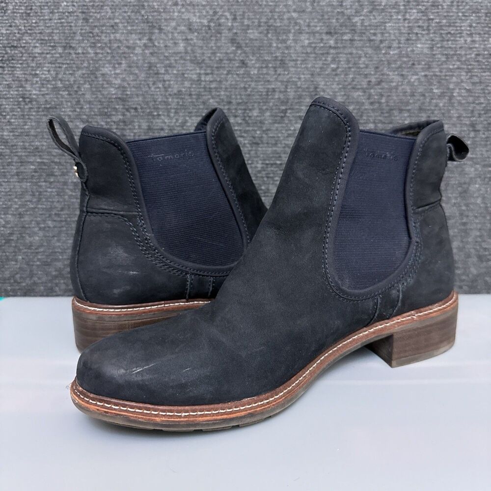 Tamaris Minna Chelsea Ankle Boot Navy Blue Soft Fine Suede Leather US 8.5